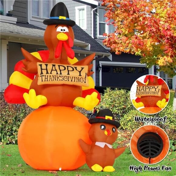 6 FT Thanksgiving Inflatables Turkey Decorations Blow Up Yard Turkey on Pumpkin - Picture 5 of 7